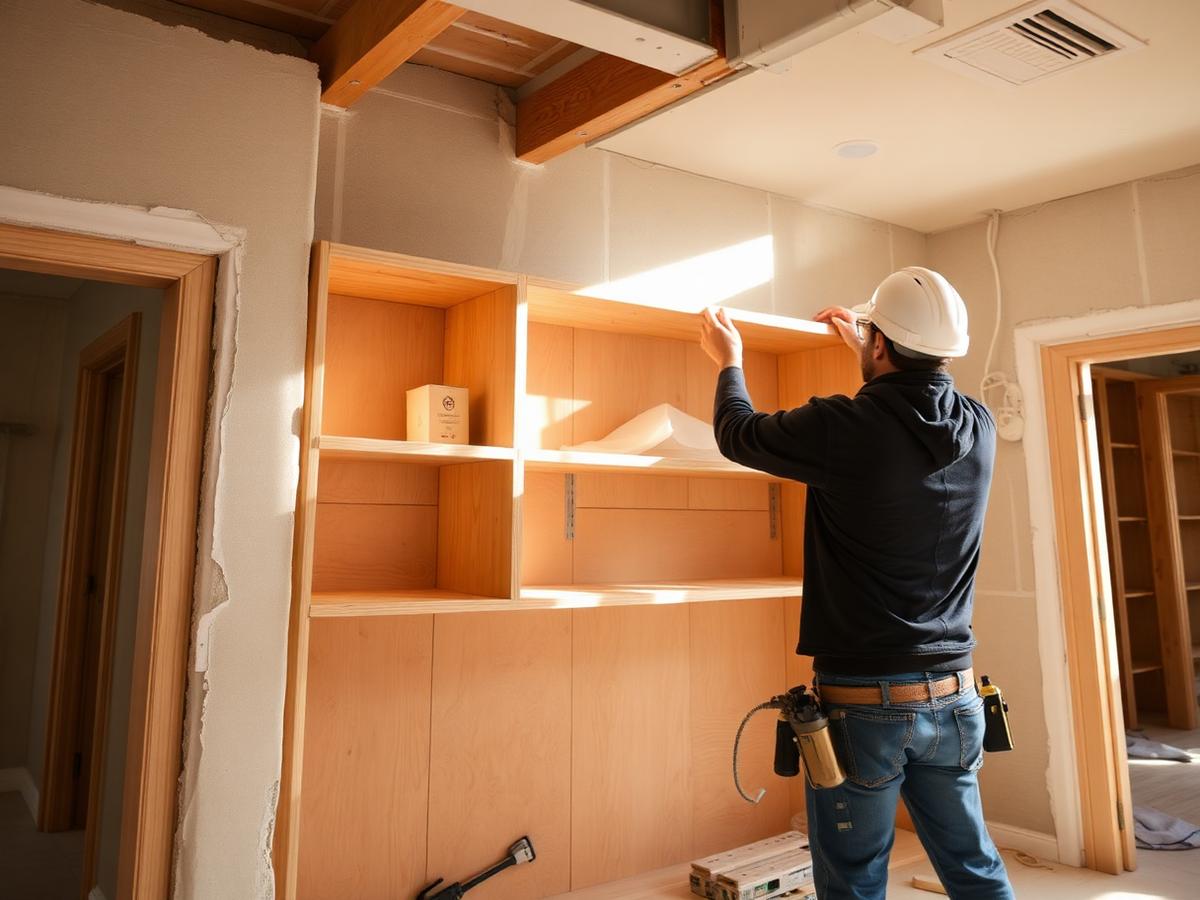 Pose d'un agencement bois sur mesure en chantier